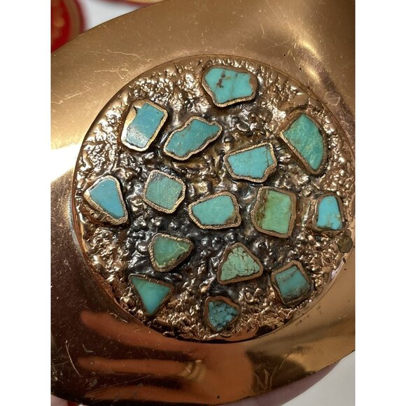 Vintage Belt Buckle Solid Copper Turquoise Inlay Nickel Silver Bell - Picture 3 of 16